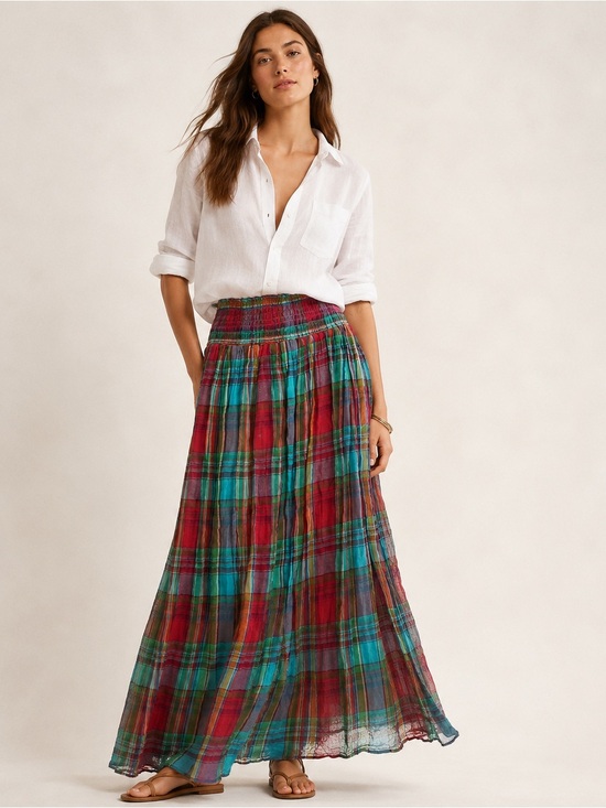 Polo Ralph Lauren Dresses & Skirts - Polo Ralph Lauren Madras Maxi Skirt Plaid Cotton Gauze Smocked Boho Long Size L